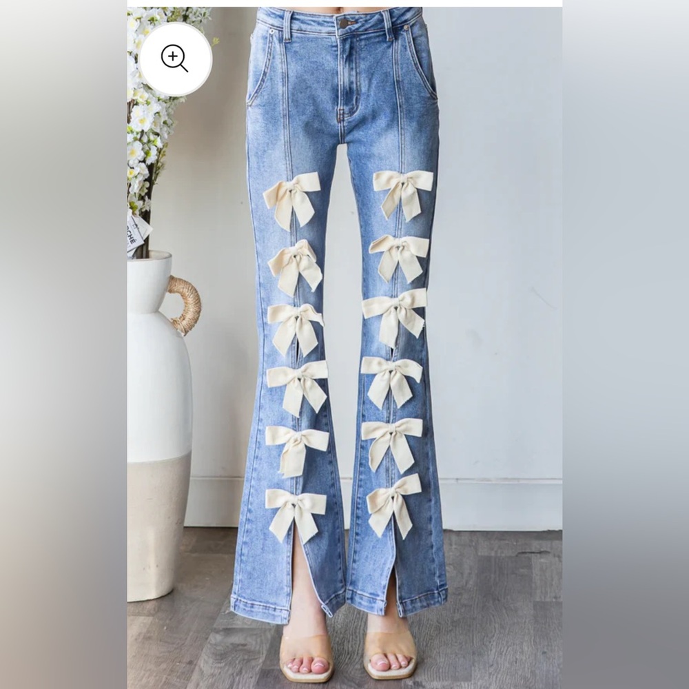 Oli & Hali Blue Denim Wide Leg Jeans with White Bow Accents - Picture 2 of 9